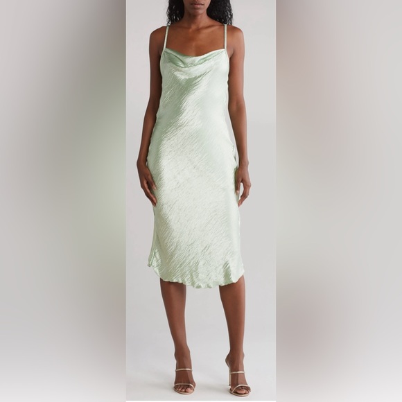BEBE HAMMERED SATIN SLIPDRESS IN SAGE - Picture 2 of 8
